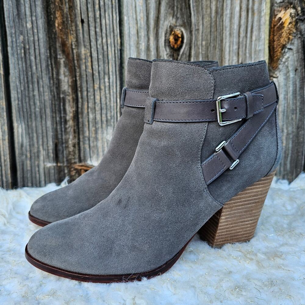 Cole Haan Gray Ankle Boots Minna Size 10.5 Suede Leather Buckles Heeled Bootie